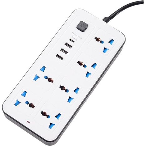 Regleta universal con cable alargador de 2 metros, puertos USB-C y USB, color blanco. (1/5)