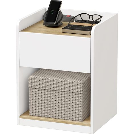 Table de Chevet Moderne, Table de Nuit avec Tiroir à Glissières, Niche, Plateau, Passe-câbles, 42x37x55cm, Blanc Chêne (1/5)