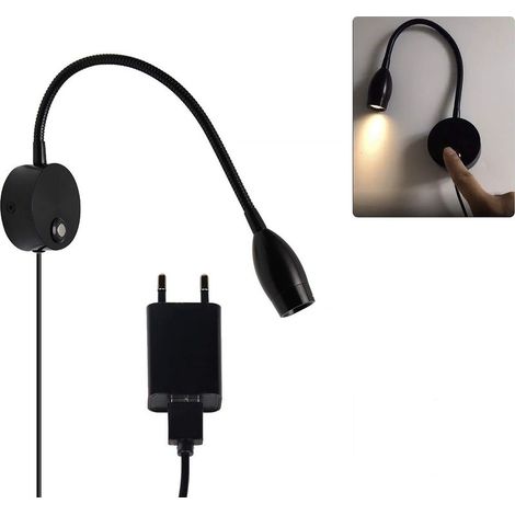 40 CM Lampe de Lecture, Col de Cygne Lumière, 3W, 3000K Blanc Chaud Lampe de Lecture Applique pour Bureau Chambre Salon, Noir (1/5)