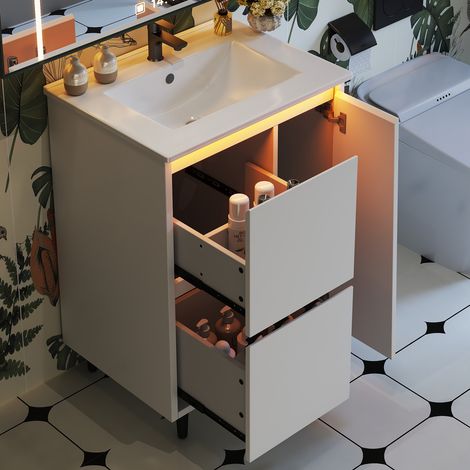 Meuble vasque salle de bain sur pied 61x46,5x87 cm, finition laquée intégrale, lavabo céramique intégré, charnières à fermeture amortie, 2 tiroirs, pieds hauts, blanc. (1/5)