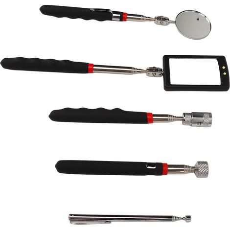 Lot de 5 outils télescopiques : miroir rond inspection, miroir carré LED, baguettes aimantées 15lb, 8lb LED, 1.5lb -ramassoir extensible magnétique (1/5)
