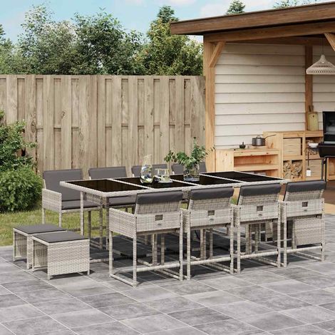 Set comedor jardín y cojines 13 pzas ratán sintético gris claro vidaXL