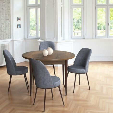 Ensemble table ronde Ø90 cm + 4 chaises grises à motifs AROLA (1/4)