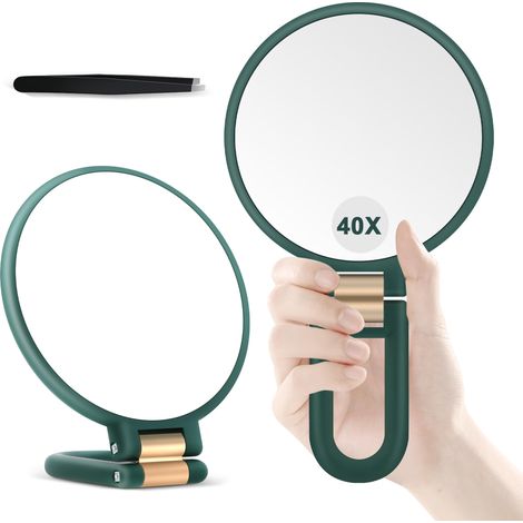 Miroir Grossissant 40X, Miroir de Maquillage Main, Double Face avec Grossissement 40X/1X, Essentiel de Voyage, Portable et Pliable pour Bureau et Salle de Bain, Cadeau pour Femme, Vert (1/5)