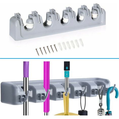 Porte-balai et organisateur d'outils de jardin pour garage, 5 emplacements, 6 crochets pour râteau et serpillière, fixation murale (1/5)