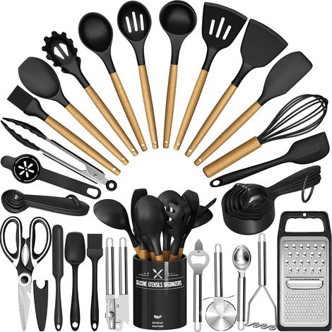 Lot de 34 ustensiles de cuisine en silicone avec support, résistants à la chaleur, antiadhésifs, pinces, spatules, cuillères, poignées en bois, ustensiles de cuisine et gadgets (noir) (1/5)