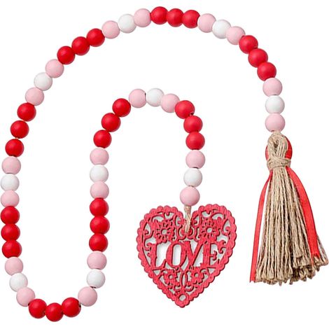 Guirlande En Perles Bois - Pendentif Coeur LOVE Avec Pompon - Décoration Murale Rustique Pour Fête Des Amoureux - Lot De 1 (1/5)