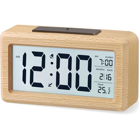 Réveil LCD en bois avec affichage de la date et de la température, fonction répétition et alimentation par piles [Nécessite 3 piles AAA]