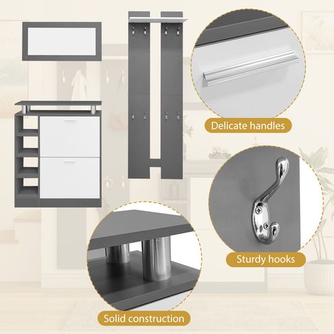 Ensemble porte-manteaux mural 80 x 25 x 96,5 cm miroir 2 panneaux muraux étagère et armoire à chaussures corps gris anthracite pour couloir.