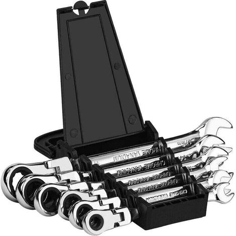 Jeu de 6 clés à cliquet mixtes en acier au chrome vanadium (8/10/12/13/14/17 mm), clé à fourche à cliquet avec support de poignée de rangement et rotation à 180°. (1/4)