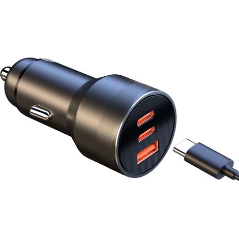 Chargeur voiture PD USB-C allume-cigare adaptateur rapide multifonction 3 en 1 compatible iPhone 15 16 smartphones 1 pièce Noir (1/5)