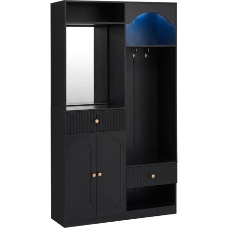 Penderie d'entrée compacte avec miroir, banc, meuble à chaussures, crochets et bande LED couleur réglable, design moderne,Noir (1/5)