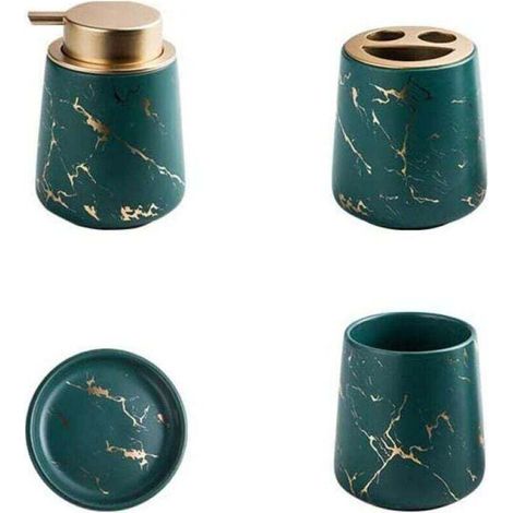 Ceramic bathroom accessory set with marble look, 4 pieces: soap dispenser, toothbrush holder, tumbler, soap dish (dark green) (1/5)