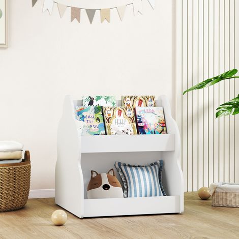 Estantería infantil de 2 niveles con ruedas, 4 baldas, para habitación infantil o sala de juegos, 54x50x56 cm, blanca. (1/5)