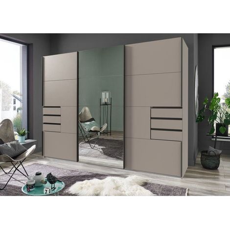 Armoire chambre coulissante WIMEX SAIGON 3 portes gris Sahara avec miroir et 6 tiroirs, 270 x 64 x 208 cm (1/5)