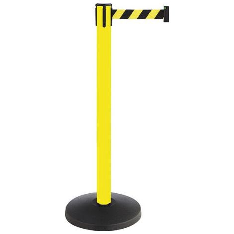 Poteau de barrage en métal. jaune. Longueur de sangle : 3 m Sangle : noir-jaune. diagonale rayée. (1/2)
