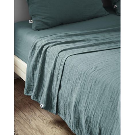 Drap plat 240 x 300 cm Double gaze de coton luxe Gaïa Bleu canard (1/2)