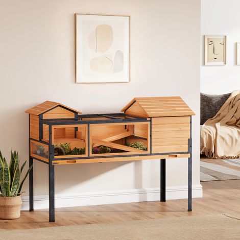 Maison pour tortues à 2 étages 2 chambres fenêtres rampes toit ouvrable et plateau 128 x 63 x 96 cm jaune (1/5)