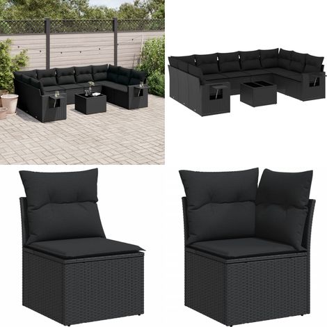 Salon de jardin 10 pcs avec coussins noir résine tressée - Ensemble Salon De Jardin - Meuble De Jardin - Salon Exterieur - Résine Tressée - Rotin Synthétique - Home & Living (1/5)