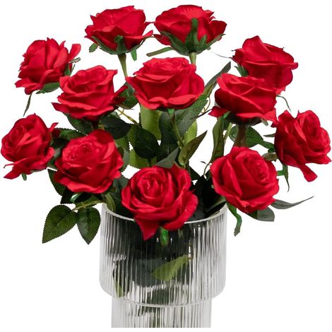 12 Pcs Roses Fleurs Artificielles Réaliste Seule Tige Fleurs Soie Rose Bouquet pour Fête De Mariage Bureau Décor À La Maison (Rouge) (1/5)