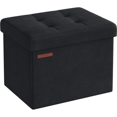 SONGMICS Banc de Rangement, Boîte Pliable en Velours, Repose-Pieds avec Couvercle, 31 x 41 x 31 cm, Capacité de Charge 130 kg, pour Couloir, Salon, Chambre, Noir d'encre (1/5)