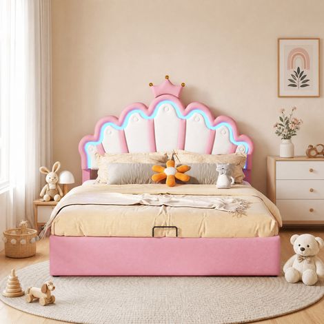 Lit princesse 140x200 cm en PU rose avec LED et rangement, sans matelas – MEUBLIV (1/5)