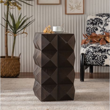 Tavolino da salotto 37x37x60 cm con motivo 3D in rilievo, legno massello e MDF, marrone (1/5)