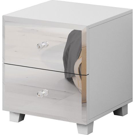 Table de chevet LIVORA – 2 tiroirs – Blanc mat avec façades miroir – Élégance contemporaine