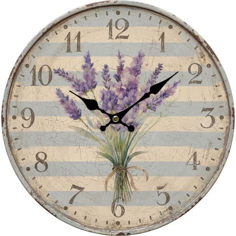 Wanduhr mit Lavendel auf Streifen in Grau und Creme 34 cm (1/5)