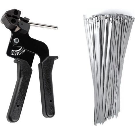FENOPLASTICAPistolet D'attache de Câble en avec 100 Colliers de Serrage en Acier Inoxydable 4,6 x 300mm, Pistolet à Serre-câbles Pistolet à Cravate en Métal avec Fonction de Coupe