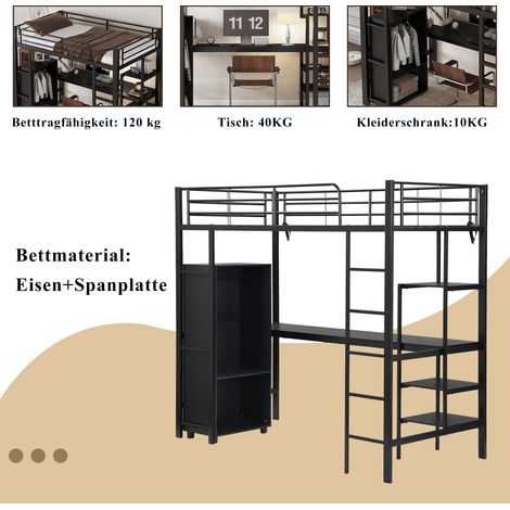 Lit superposé en métal, idéal enfant et ado, avec bureau et armoire, rangements multiples, échelle 5 marches, acier+panneaux, noir, 90x200 cm (1/5)