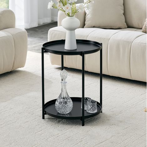 Table d’appoint ronde 42x52 cm noire en métal et MDF avec 2 niveaux (1/5)