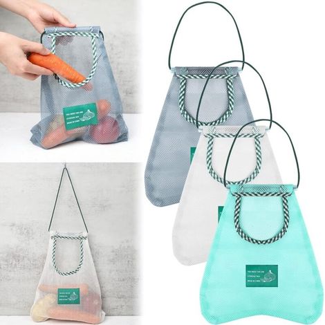 Zwei hängende Aufbewahrungsnetze aus wiederverwendbarem und atmungsaktivem Polyester, geeignet zur Aufbewahrung von Zwiebeln, Kartoffeln, Gemüse und verschiedenen Küchenutensilien.