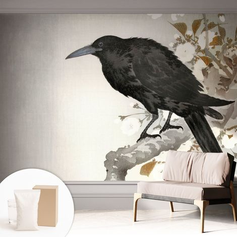 Papier peint intissé classique moderne pour salon et chambre à coucher Décoration rapide avec colle Corbeau dans les fleurs 312x219 cm (1/5)