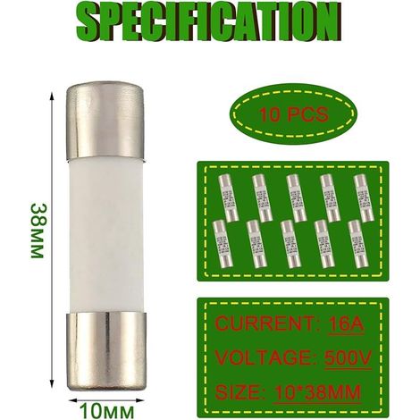 16A 500V Fusible à tube céramique RT18-32 Fusible haute tension cylindrique 10x38mm (paquet de 10) (1/5)
