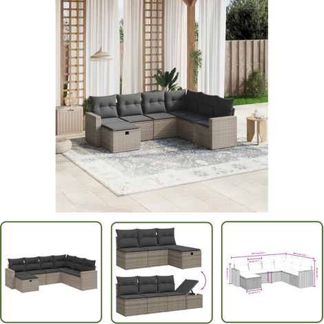 The Living Store 7-tlg. Garten-Sofagarnitur mit Kissen Grau Poly Rattan - Gartensorte - Esszimmergarnituren - Lounge Set - Outdoor Furniture - Gartenmöbelset (1/4)