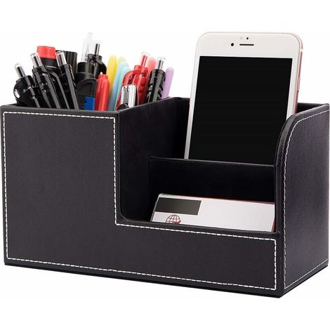 Desk Storage Box, Multifunctional Pen Holder, Stylish Black Pu Leather Desk Stand for Stationery Storage Box, Business Cards, Pens, Mobile Phones (1/5)