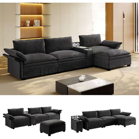 Canapé modulaire 315 cm – Canapé d'angle Convertible 4 Places tissu chenille – Rangement intégré, ottoman – Recharge sans fil, enceintes, éclairage LED, 2 porte-gobelets – Noir (1/5)
