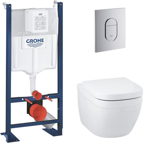 Pack WC Bâti support Grohe Rapid SL + Cuvette sans bride Grohe Euro Ceramic, Blanc + plaque de déclenchement: Chrome (39536000)