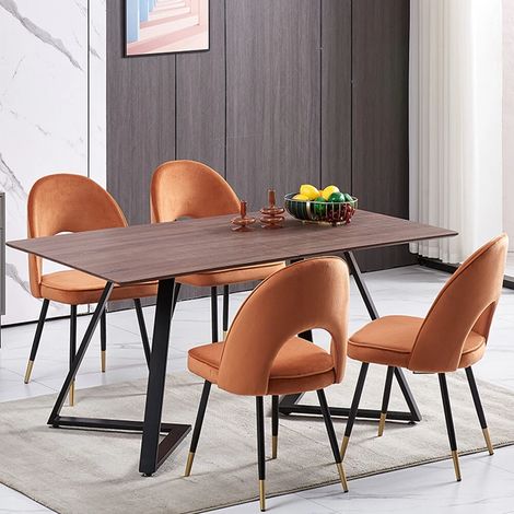 AINPECCA 150cm Dining Table and Chair Set Brown - 4x Orange Velvet Dining Chairs & Wooden Dining Table (1/5)