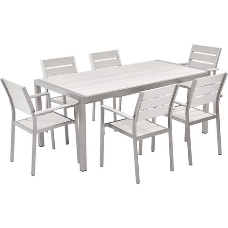 Set da Giardino 6 Sedie Tavolo Legno Bianco e Alluminio Anodizzato Vernio