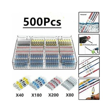 500 borniers à câbles soudés avec gaine thermorétractable, joints bout à bout soudés avec gaine thermorétractable Maidodo, connecteurs électriques isolés, étanches pour applications marines et automob (1/5)