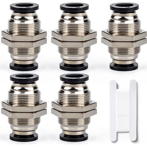 5 Pcs 10mm Bulkhead Union x 10mm Tube OD Push pour connecter Le raccord de Tube, Laiton nickelé Rapide pneumatique KPM10 Connect raccord d’air (1/4)