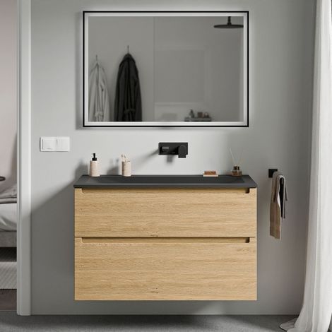 BERNSTEIN - Mobile lavabo sospeso MDF rovere miele, lavello Ghisa nero opaco senza foro rubinetto, cassetti girevoli - 100x46x62cm - VIREO	Rovere Miele Oro, Nero opaco senza foro per rubinetto