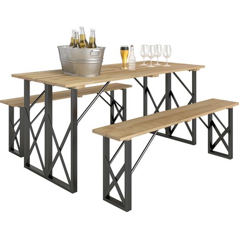 Set aus Holztisch und Bänken, Picknicktisch aus Holz mit Bank für 6 bis 8 Personen, 160 cm, 5 cm Schirmloch, braun