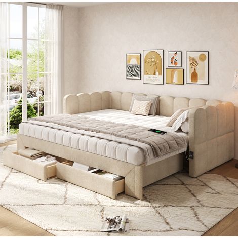 Lit banquette extensible 90x200 cm, 2 tiroirs, port USB, chenille beige, OKWISH (1/5)