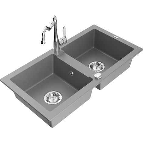 Mexen Mario 2-Becken-Granitspüle mit Mischbatterie Carla, Grau - 6504-71-670700-00 (1/5)