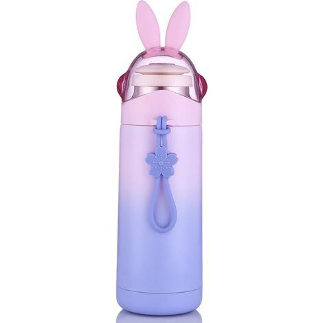 Gourde Isotherme - Acier Inoxydable 304 - Double Paroi Vide - Pour Enfants - 350 ml - Couvercle Étanche À Bouton Push - Motif Lapin (1/5)