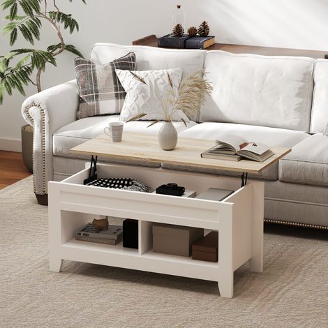 Couchtisch mit Hubfunktion, Wohnzimmertisch mit Ablagen und verstecktem Fach, 105 x 50 x 49–62,5 cm, weiß