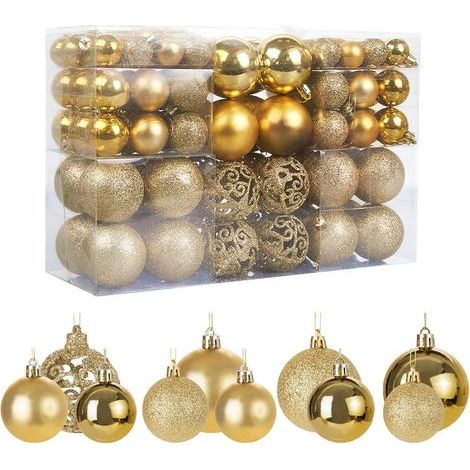 Juego de 100 adornos dorados para árbol de Navidad, decoraciones brillantes, opacas, relucientes, Ø 3, 4 y 6 cm (1/5)